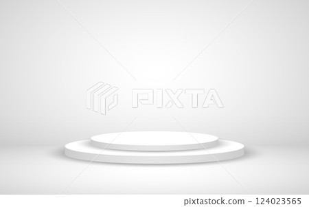 Podium white. Round pedestal with soft shadow. Stage template for advertising. White studio with platform. Clean scene on white backdrop. Vector illustration Podium white. Round pedestal with soft shadow. Stage template for advertising. White studio with platform. Clean scene on white backdrop. Vector illustration 124023565