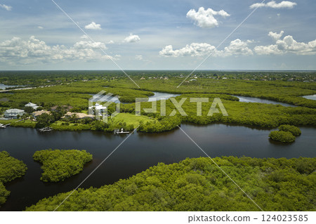 Overhead view of Everglades swamp with green vegetation between water inlets and rural private houses. Natural habitat of many tropical species in Florida wetlands Overhead view of Everglades swamp with green vegetation between water inlets and rural private houses. Natural habitat of many tropical species in Florida wetlands 124023585