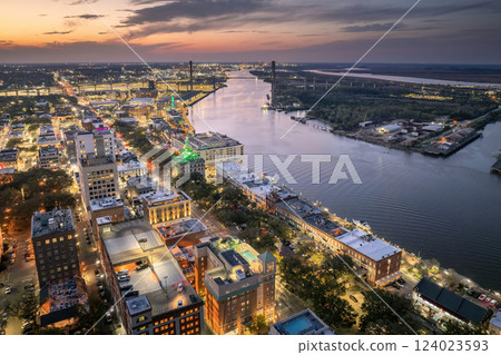 Old historic city architecture in Southern USA. View from above of illuminated streets of Savannah, Georgia at night 124023593