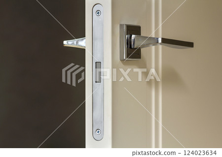 Modern stainless steel door handle on white wooden doors 124023634