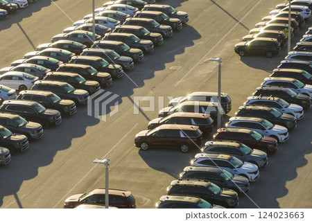 Large parking lot of local dealer with many brand new cars parked for sale. Development of american automotive industry and distribution of manufactured vehicles concept 124023663