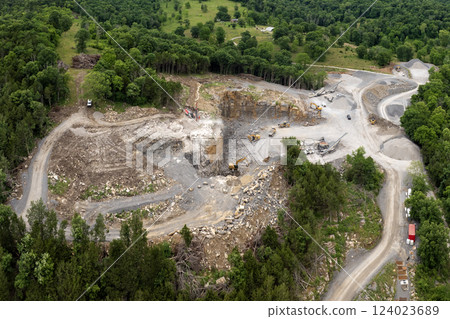 Industrial gravel quarry. Open pit mining site of limestone materials extraction for construction industry 124023689