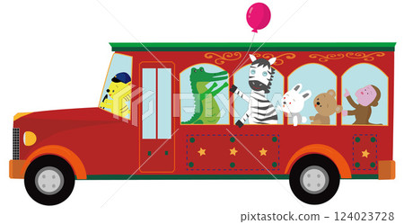 Animals enjoying a ride on a retro bus. 124023728