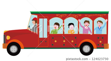 Family having fun on a retro bus. 124023730