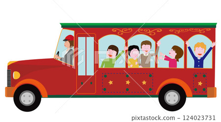 Kids having fun riding a retro bus. 124023731