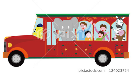 Animals and family having fun on a retro bus. Animals and family having fun on a retro bus. 124023734