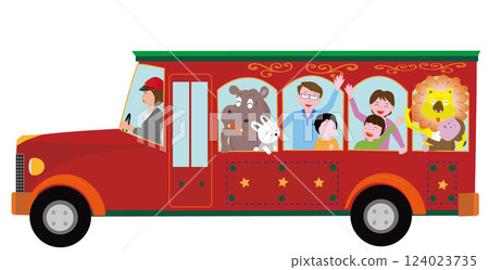 Animals and family having fun on a retro bus. 124023735