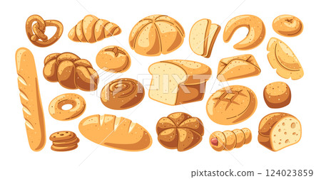 Bakery products set with fresh bread, loaf, baguette, pastry food, croissant, crispy cookies and bun Bakery products set with fresh bread, loaf, baguette, pastry food, croissant, crispy cookies and bun 124023859
