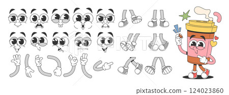 Takeaway coffee cup animated funny drink cartoon character retro groovy mascot constructor set 124023860