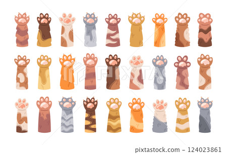 Cute cat paws with different fur color and prints raised up doodle cartoon set isolated on white Cute cat paws with different fur color and prints raised up doodle cartoon set isolated on white 124023861