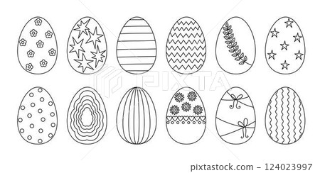 Easter holiday symbol outline decorated eggs set in simple doodle vector illustration for spring festive time decor, coloring page, greeting cards, invitations, banners, activities for children Easter holiday symbol outline decorated eggs set in simple doodle vector illustration for spring festive time decor, coloring page, greeting cards, invitations, banners, activities for children 124023997