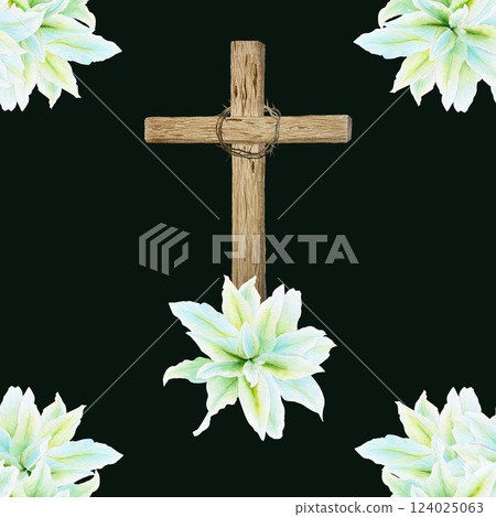 Wooden cross with crown of thorns and white lily watercolor seamless pattern on black background. Illustration perfect for Easter, Holy Thursday, christening baptism, wrapping paper, decor and design 124025063