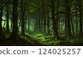 magical spooky dark forest scene featuring tall trees, a serene stream, and glowing orbs evoking mystique and tranquility, perfect for fantasy or nature themed projects 124025257