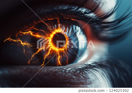 Macro photo of blue human eye with fiery lightning inside. Thunderstorm inside woman eye. 124025302