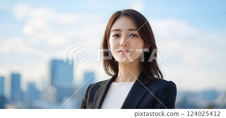 成功的年輕女商人站在戶外，樂觀地展望未來 124025412