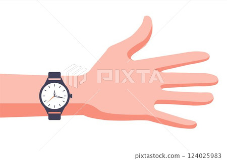 Hand with watch stretches out and shows time. 124025983