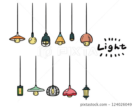 Hanging desk lamp, light hand-drawn illustration set 124026049