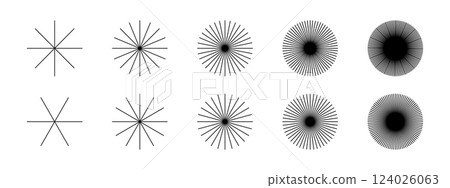 Straight radial lines. Sun rays pictograms. Set of sunburst or sunbeam icons isolated on white background. Radiance, explosion or firework symbols. Vector graphic illustration 124026063