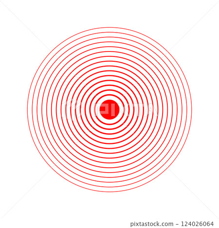 Red concentric circles. Pain localization icon. Target or aim print. Ache, sore or inflammation symbol. Pulse, coverage or vibration sign. Radar signal or sound wave pictogram. Vector illustration 124026064