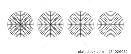 Round diagrams divided on segments. Pie charts with concentric circles cutting on 16, 8, 4 and 2 equal parts. Wheel of life or habits tracker templates. Vector graphic illustration 124026081