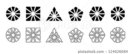 Basic geometric shapes divided into sectors. Round, square and triangle, pentagon, hexagon and octagon forms cut in 10 equal parts. Simple diagrams, business pie charts. Vector graphic illustration Basic geometric shapes divided into sectors. Round, square and triangle, pentagon, hexagon and octagon forms cut in 10 equal parts. Simple diagrams, business pie charts. Vector graphic illustration 124026084