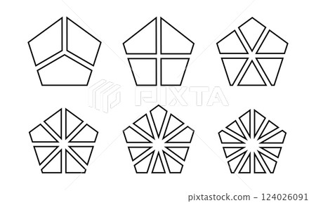 Pentagon shapes divided into 3, 4 and 6, 8, 10 and 12 fractions isolated on white background. Basic geometric form cut in equal segments. Simple diagrams, business charts. Vector graphic illustration 124026091