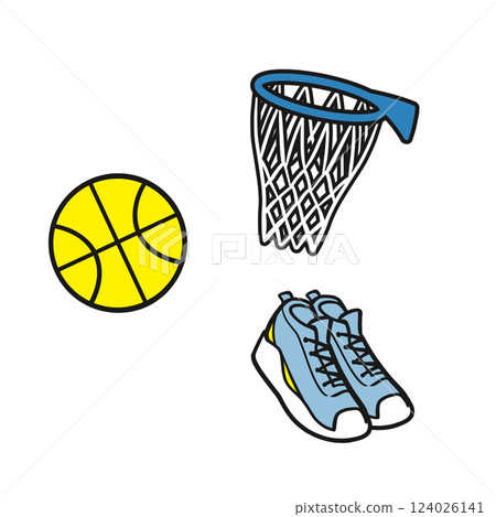 Illustration of basketball, basketball shoes, and basketball goal (simple) 124026141