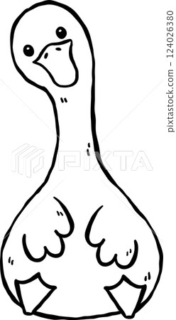 Cute Silly Goose Black and White Outline Front sitting Cartoon Hand Drawn Doodle 124026380