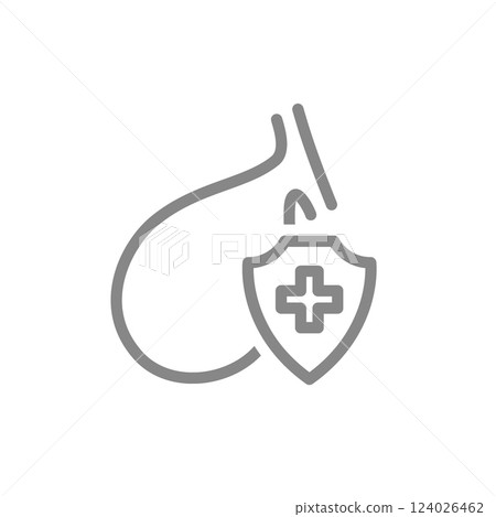 Gallbladder with a shield line icon. Gallbladder tract treatment, first aid for gallbladder diseases symbol. Vector illustration 124026462