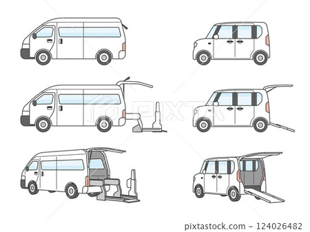 Illustration set of wagon and light car welfare vehicles Illustration set of wagon and light car welfare vehicles 124026482