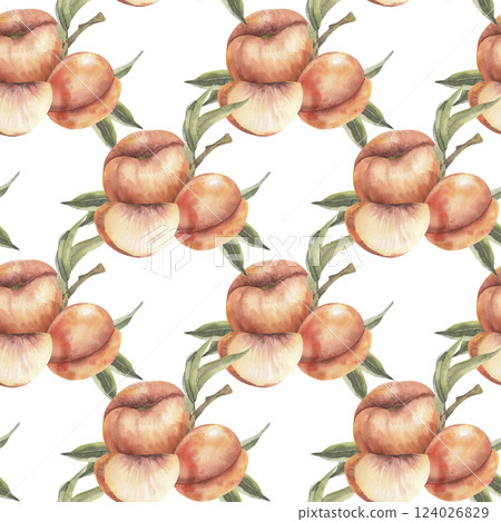 Peaches fruit and pieces decorated by green leaves watercolor seamless pattern. Orange tropical fruit background with apricot, hand drawn botanical clipart for home textile, utensils,fabric design Peaches fruit and pieces decorated by green leaves watercolor seamless pattern. Orange tropical fruit background with apricot, hand drawn botanical clipart for home textile, utensils,fabric design 124026829