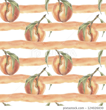 Orange peaches on branches with leaves watercolor seamless pattern with geometric elements. Floral background with stripes and fruits for wallpaper,scrapbooking,packing design Orange peaches on branches with leaves watercolor seamless pattern with geometric elements. Floral background with stripes and fruits for wallpaper,scrapbooking,packing design 124026830