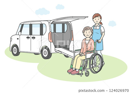 Illustration of an elderly woman, a caregiver, and a welfare vehicle being transported to a nursing facility 124026970