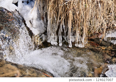 White flow and icicle-shaped ice at the small dam at the lowest part of the Ezawa River stone dam White flow and icicle-shaped ice at the small dam at the lowest part of the Ezawa River stone dam 124027007