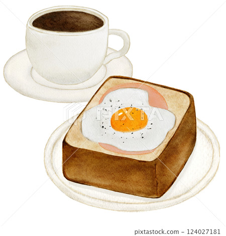 水彩煎蛋、火腿、烤麵包、麵包、咖啡 水彩煎蛋、火腿、烤麵包、麵包、咖啡 124027181