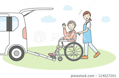 圖：一名老年婦女、一名護理人員和一輛福利車被送往護理機構或從護理機構送出 124027201