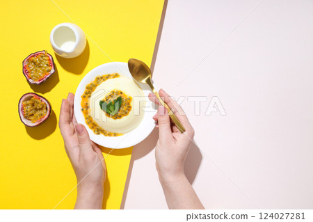 Passion fruit mousse, concept of tasty dessert 124027281