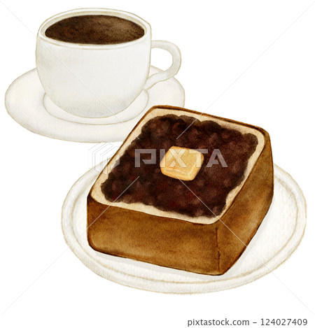 豆沙奶油吐司、麵包、咖啡的水彩畫 124027409