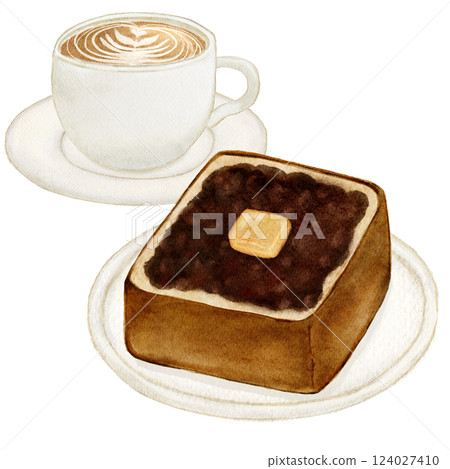 Watercolor painting of bean paste butter toast, bread, coffee 124027410