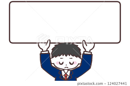 Illustration of a male student holding up a sign apologetically Illustration of a male student holding up a sign apologetically 124027441