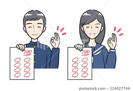 A set of male and female students showing a test they got 100 points on with a smile A set of male and female students showing a test they got 100 points on with a smile 124027744