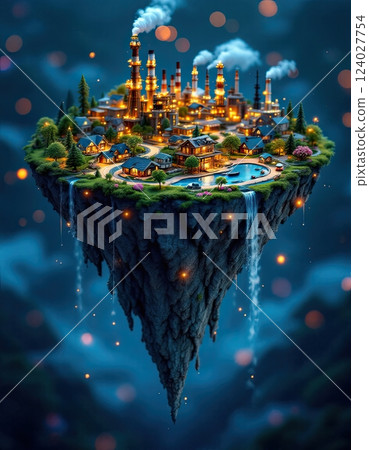 Fantastic flying island with refineries, oil pumps and houses 124027754