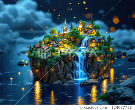 Fantastic island with refineries, oil pumps and houses with lights. 124027758