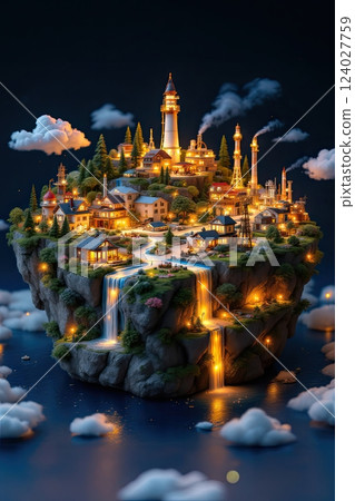 Fantastic island with refineries, oil pumps and houses with lights. 124027759