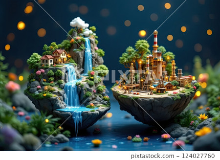 Fantastic island with refineries, oil pumps and houses with lights. 124027760