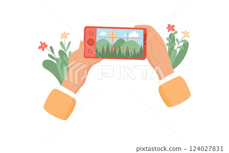 Hands hold a phone capturing a photo. The user interacts with the application to take pictures. This social media platform allows people to easily share moments, flat style, digital communication 124027831