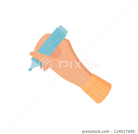 Hand holding highlighter. Female character with pen makes a gesture. Cartoon graphic element, suitable for educational materials, stationery design, or creative projects. 124027840