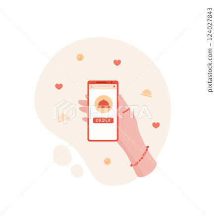 A hand holds a mobile phone displaying a digital app. The user interacts with an application for food delivery on the screen. The phone showcases an order button enhancing convenience. Social media 124027843