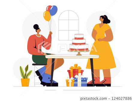 Baby Shower Vector Illustration Featuring a Couple Celebrating the Arrival of a Little Boy or Girl with Cake, Decorations, and Gifts in a Background 124027886
