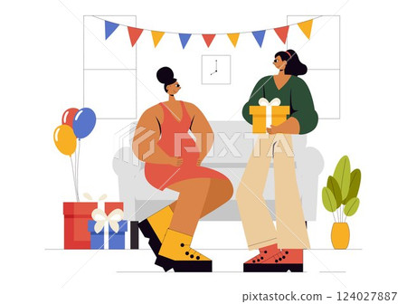 Baby Shower Vector Illustration Featuring a Couple Celebrating the Arrival of a Little Boy or Girl with Cake, Decorations, and Gifts in a Background 124027887